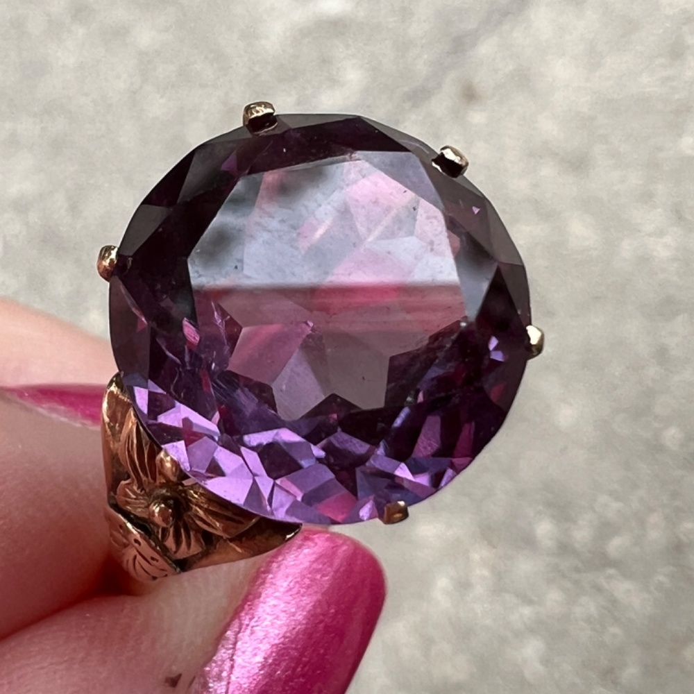 VINTAGE 14K YELLOW GOLD PURPLE COLOR CHANGE SAPPHIRE ALEXANDRITE FLOWER RING - Picture 12 of 16